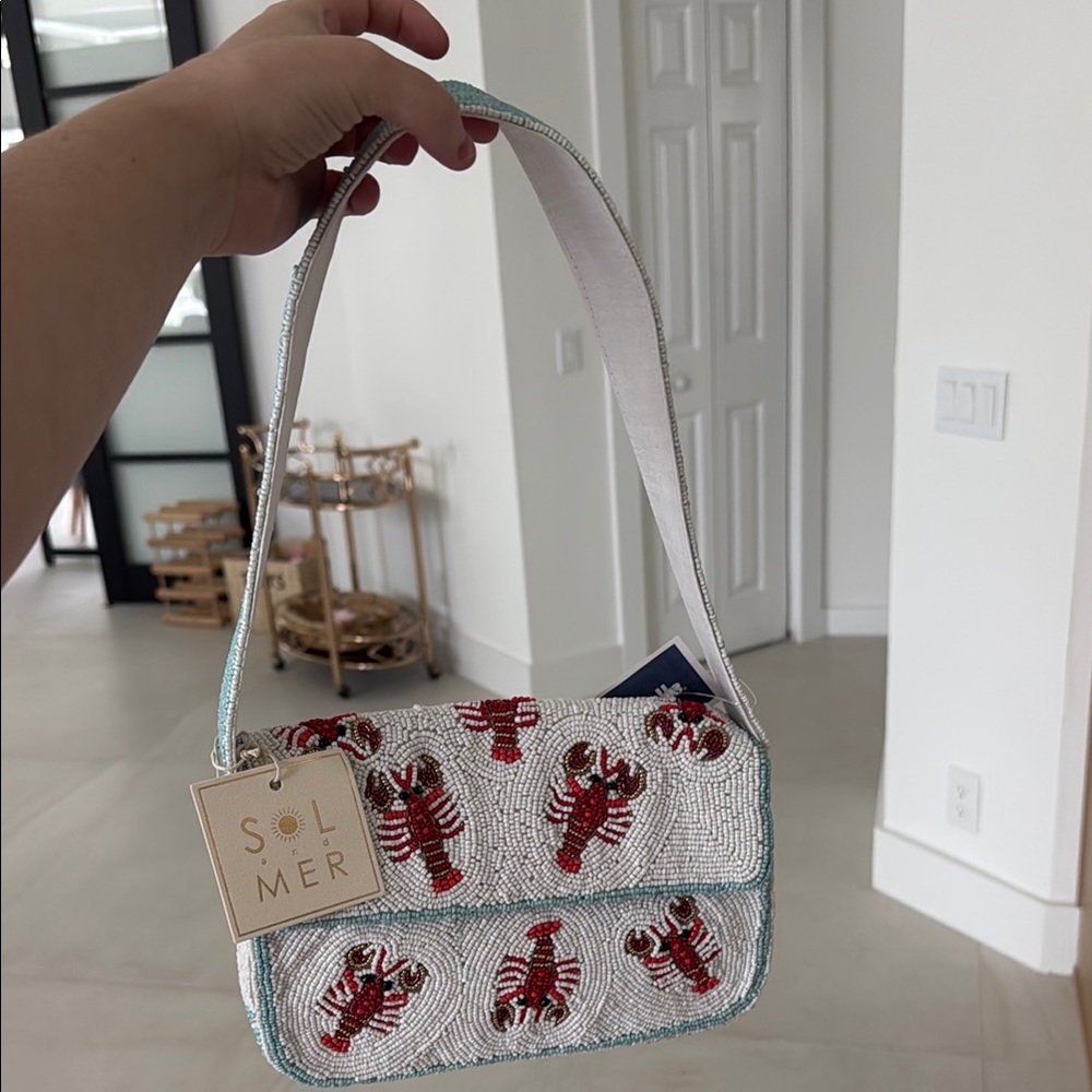 Viral White and Red Lobster Beaded Bag